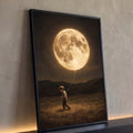 Menino caminhando em campo segurando a lua cheia como balão sob céu estrelado, quadro decorativo