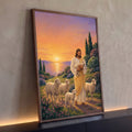 Quadro Decorativo Grande Jesus Pastor para Sala Laranja | quadros decorativos para sala | Jesus carregando um cordeiro cercado de ovelhas num campo florido ao pôr do sol | Porao dos Quadros