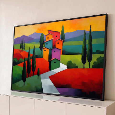 Pintura de vila toscana com casas coloridas, ciprestes e campos vermelhos ao pôr do sol, quadro decorativo