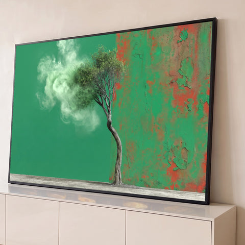 Árvore de tronco curvo virando fumaça verde diante de parede descascada, quadro decorativo