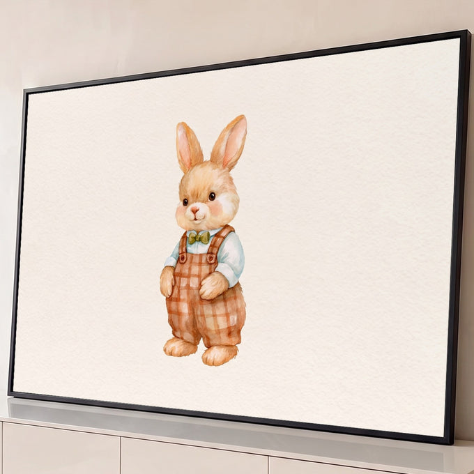 Quadro Decorativo Grande Coelhinho para Quarto de Bebê | quadros decorativos para sala | coelho em aquarela com suspensório xadrez, camisa azul e gravata borboleta verde | Porao dos Quadros