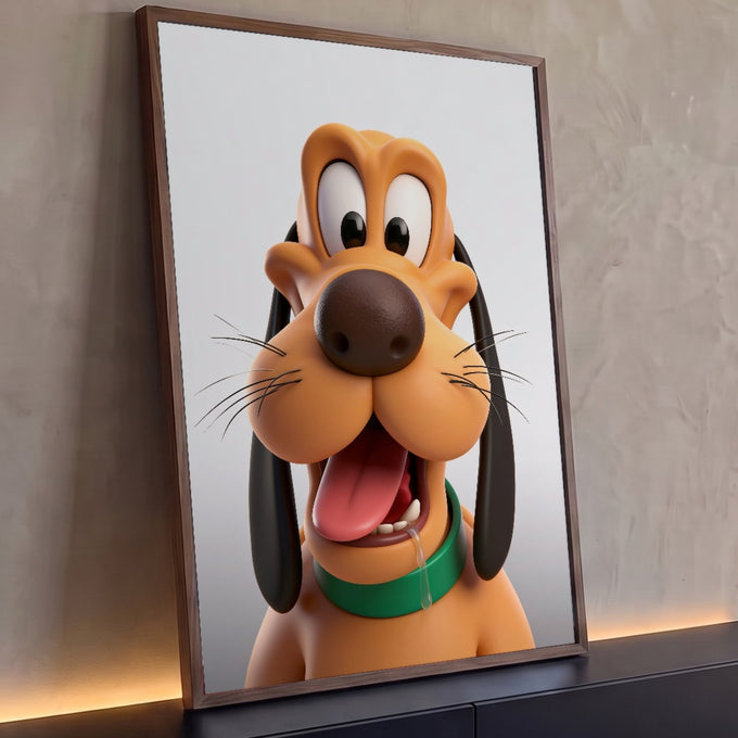 Cachorro cartoon 3D laranja com orelhas pretas, língua de fora e coleira verde, quadro decorativo
