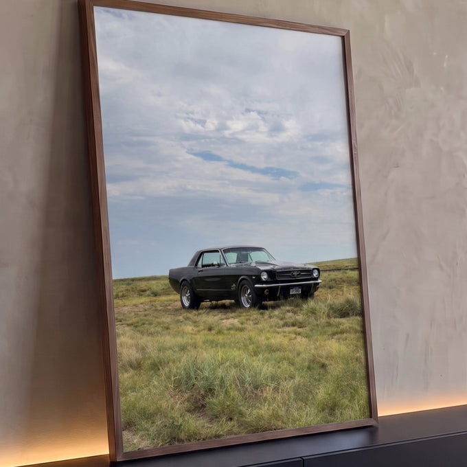 Mustang clássico preto estacionado em campo de grama sob céu nublado, quadro decorativo