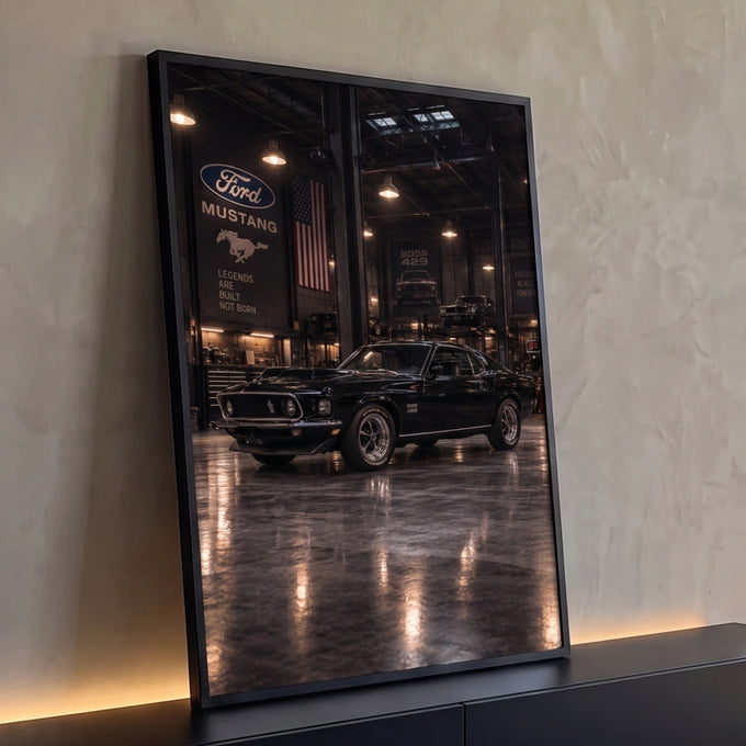 Quadro Decorativo Grande Mustang Clássico para Sala Preto | quadros decorativos para sala | Mustang clássico preto em garagem industrial com luzes âmbar e piso refletivo | Porao dos Quadros