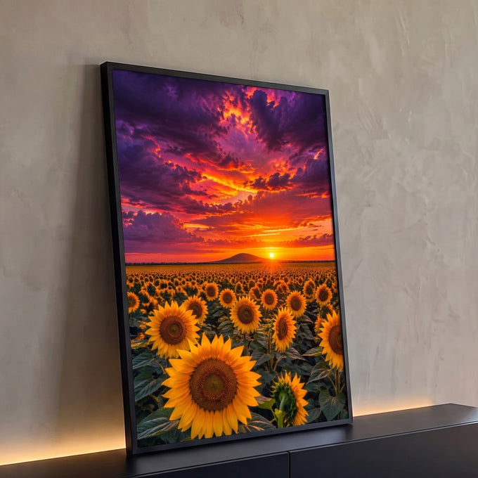 Campo de girassóis amarelos sob céu roxo e laranja com sol se pondo atrás de colina, quadro decorativo