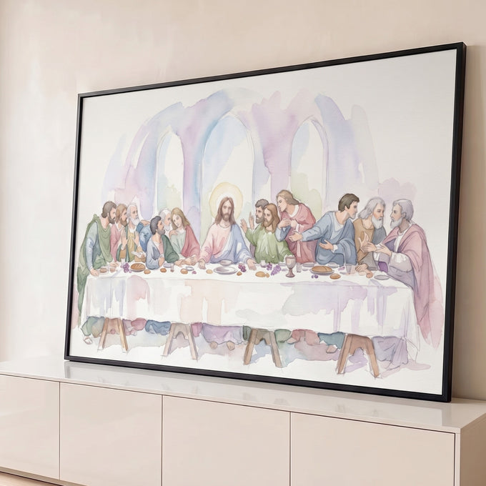 Quadro Decorativo Grande Santa Ceia Sala para Sala Roxo | quadros decorativos para sala | reinterpretação em aquarela da Última Ceia com tons pastel e figura central com halo | Porao dos Quadros