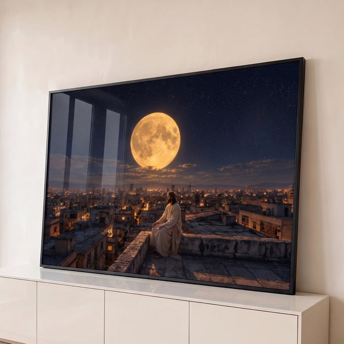 Jesus sentado em terraço contemplando cidade iluminada sob lua cheia e céu estrelado, quadro decorativo