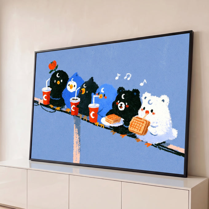 Quadro Decorativo Bichinhos Fofos no Fio Comendo Waffle | quadros decorativos para sala | pássaros e ursinhos fofos sentados em fio comendo waffle e tomando refrigerante | Porao dos Quadros