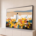 Quadro Decorativo Grande Figura em Túnica para Sala Branco | quadros decorativos para sala | figura de túnica branca de costas em campo florido colorido com colinas ao fundo | Porao dos Quadros