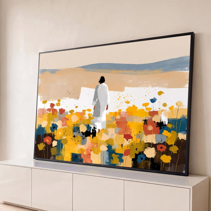 Quadro Decorativo Grande Figura em Túnica para Sala Branco | quadros decorativos para sala | figura de túnica branca de costas em campo florido colorido com colinas ao fundo | Porao dos Quadros