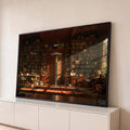 Biblioteca de madeira com estantes de livros, porta aberta, tapete oriental e raios de sol, quadro decorativo