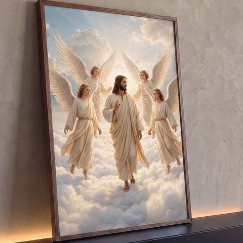 Quadro Decorativo Grande Jesus Cristo para Sala Branco | quadros decorativos para sala | Jesus caminhando sobre nuvens cercado por quatro anjos de asas brancas | Porao dos Quadros
