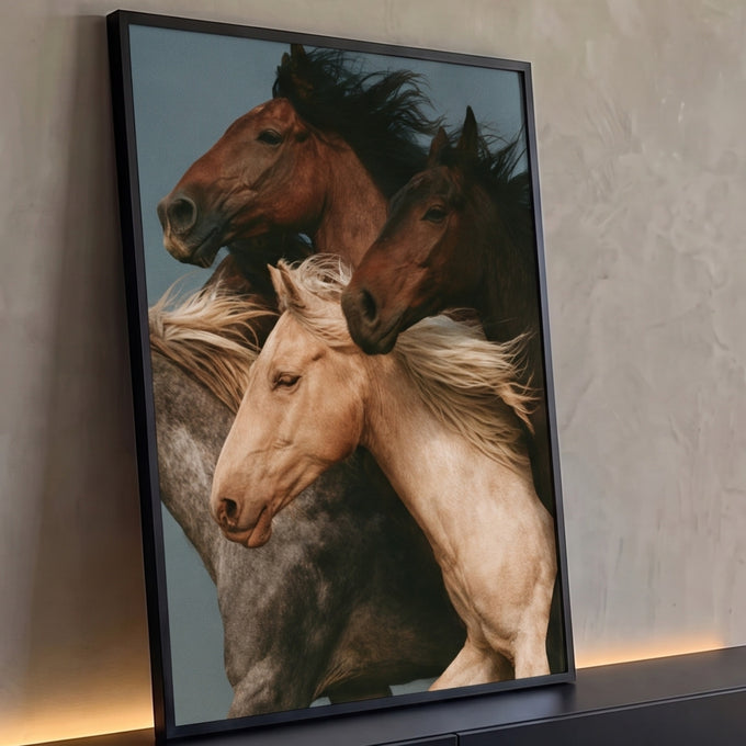 Quadro Decorativo Quatro Cavalos Selvagens ao Vento | quadros decorativos para sala | três cavalos em movimento com crinas ao vento em tons marrom e bege | Porao dos Quadros