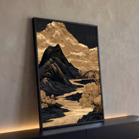 Quadro Decorativo Grande Paisagem Oriental para Sala Dourado - Borda Infinita / 100x65cm