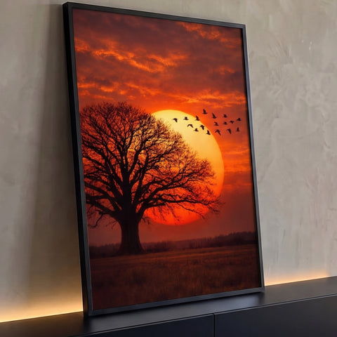 Sol gigante laranja ao entardecer, árvore seca em silhueta e pássaros voando sobre o campo, quadro decorativo