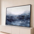 Quadro Decorativo Grande Mar Tempestuoso para Sala Azul | quadros decorativos para sala | mar abstrato em azul-marinho com ondas e céu branco nublado | Porao dos Quadros
