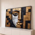 Quadro Decorativo Grande Rosto Cubista para Sala Dourado | quadros decorativos para sala | rosto cubista geométrico em blocos dourados, pretos e brancos com textura de pincelada | Porao dos Quadros