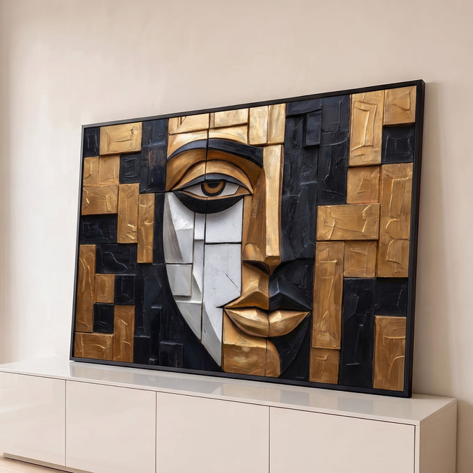 Quadro Decorativo Grande Rosto Cubista para Sala Dourado | quadros decorativos para sala | rosto cubista geométrico em blocos dourados, pretos e brancos com textura de pincelada | Porao dos Quadros