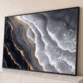 Quadro Decorativo Grande Ondas do Mar para Sala Preto | quadros decorativos para sala | vista aérea abstrata de ondas e rochas em preto, branco e veios dourados | Porao dos Quadros
