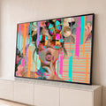 Quadro Decorativo Grande Mulher com Óculos para Sala Rosa | quadros decorativos para sala | mulher com óculos espelhados, flores e borboleta turquesa em estilo pop art colorido | Porao dos Quadros
