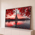 Quadro Decorativo Grande Torre Eiffel Vermelho para Sala | quadros decorativos para sala | Torre Eiffel ao entardecer emoldurada por folhas vermelhas refletida no rio | Porao dos Quadros