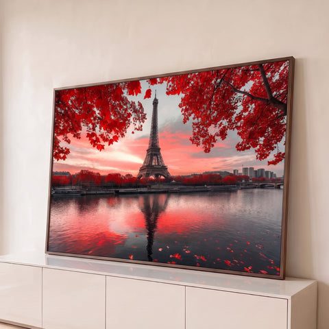 Torre Eiffel ao entardecer com folhas vermelhas de outono refletida no Rio Sena, quadro decorativo