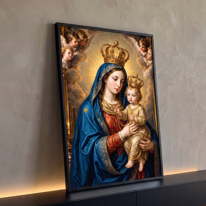 Nossa Senhora coroada de manto azul com o Menino Jesus e terço entre anjos e luz dourada, quadro decorativo
