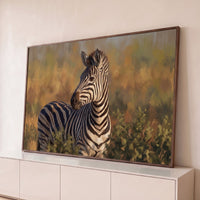 Quadro Decorativo Grande Zebra na Savana para Sala Dourado - Borda Infinita / 65x100cm