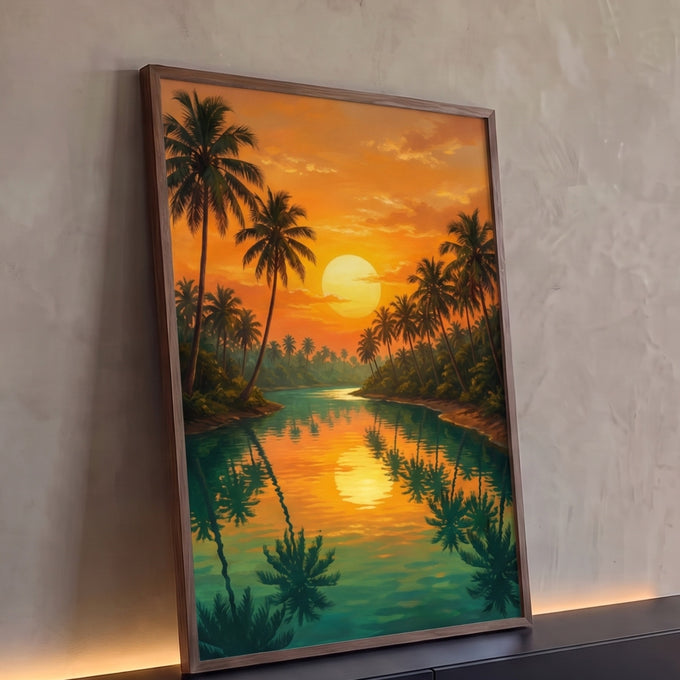 Quadro Decorativo Grande Pôr do Palmeiras para Sala Laranja | quadros decorativos para sala | pôr do sol laranja refletido em rio entre palmeiras tropicais | Porao dos Quadros