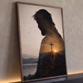 Quadro Decorativo Grande Jesus Cristo Cruz para Sala Marrom | quadros decorativos para sala | silhueta de Jesus com coroa de espinhos sobreposta a cruz e pôr do sol em montanhas | Porao dos Quadros