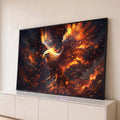 Quadro Decorativo Grande Ave em Chamas para Sala Laranja | quadros decorativos para sala | águia em chamas com asas abertas em tons de laranja e dourado sobre fundo escuro | Porao dos Quadros