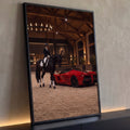 Quadro Decorativo Grande Cavaleira e Carro para Sala Preto | quadros decorativos para sala | cavaleira em traje preto montada em cavalo negro ao lado de carro esportivo vermelho em arena coberta | Porao dos Quadros