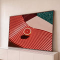 Quadro Decorativo Toranja Sobre Espreguiçadeira Coral | quadros decorativos para sala | toranja cortada ao meio sobre espreguiçadeira coral com piscina ao fundo | Porao dos Quadros