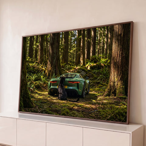Carro esportivo verde numa floresta de sequoias com pantera negra sentada atrás dele, quadro decorativo