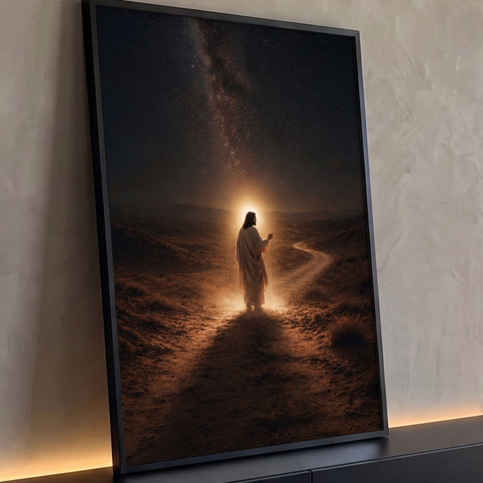 Quadro Decorativo Grande Jesus Caminhando para Sala Preto | quadros decorativos para sala | figura de Jesus de manto branco caminhando em trilha deserta sob céu estrelado com auréola dourada | Porao dos Quadros