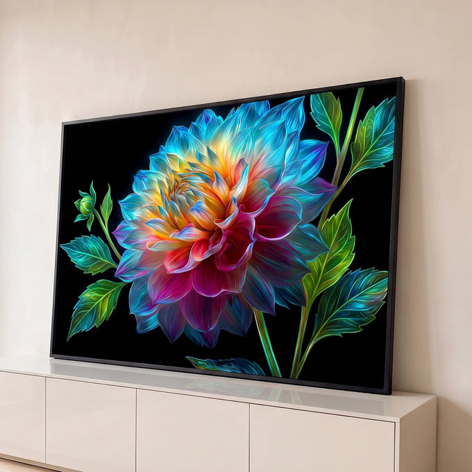 Quadro Decorativo Grande Dália Colorida para Sala Azul | quadros decorativos para sala | dália em close com pétalas azuis, amarelas e magenta sobre fundo preto | Porao dos Quadros