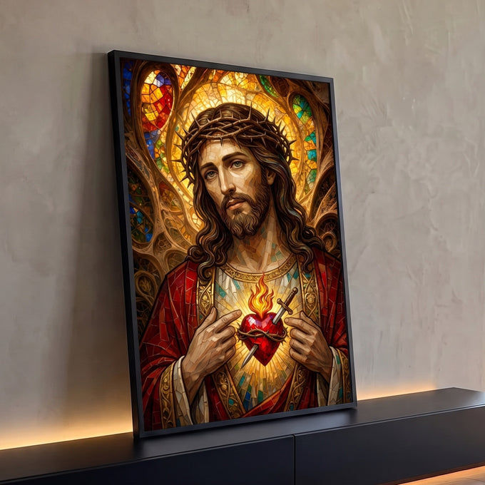 Quadro Decorativo Grande Sagrado Coração Vitral para Sala | quadros decorativos para sala | Jesus com coroa de espinhos segurando o Sagrado Coração em chamas sobre fundo de vitral dourado | Porao dos Quadros