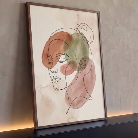 Quadro Decorativo Grande Tela de Pinturas para Sala Laranja | quadros decorativos para sala | rosto feminino em arte linear sobre círculos de aquarela terracota, verde e rosa | Porao dos Quadros