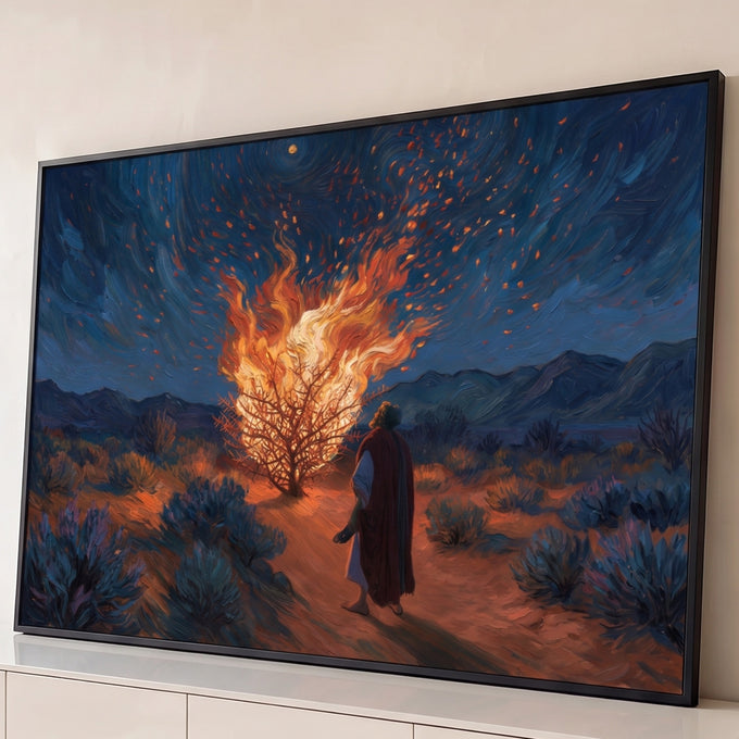 Quadro Decorativo Grande Sarça Ardente para Sala Azul | quadros decorativos para sala | homem de manto observa arbusto em chamas sob céu noturno azul em espirais | Porao dos Quadros