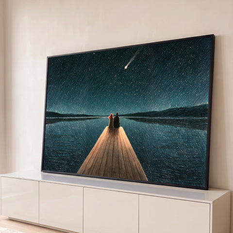 Casal sentado em píer de madeira olhando estrela cadente sobre lago noturno estrelado, quadro decorativo