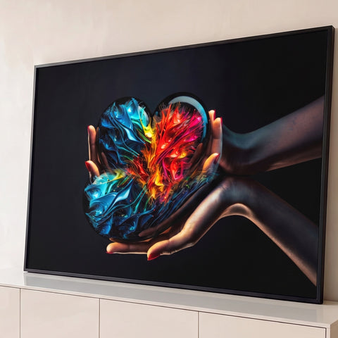Mãos segurando coração com tinta fluida colorida em fundo preto, quadro decorativo