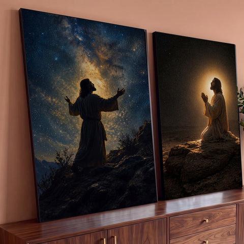 Quadro Decorativo Grande Jesus Cristo Via Láctea para Sala | quadros decorativos para sala | Jesus Cristo ajoelhado em oração sob céu estrelado com luz dourada ao fundo | Porao dos Quadros