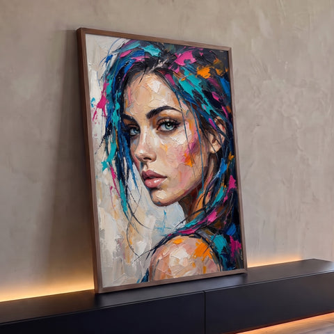 Retrato de mulher em pintura a óleo com espátula, cabelo azul, rosa e laranja, fundo bege, quadro decorativo