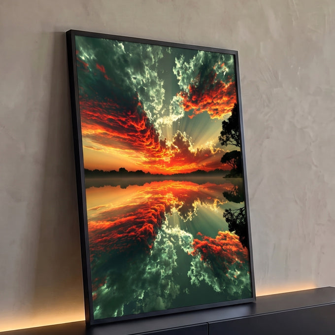 Pôr do sol com nuvens vermelhas e raios de luz refletidos no lago entre árvores, quadro decorativo