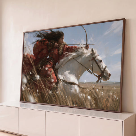 Quadro Decorativo Guerreira Arqueira em Cavalo Branco | quadros decorativos para sala | mulher arqueira de traje vermelho puxando arco montada em cavalo branco na estepe | Porao dos Quadros