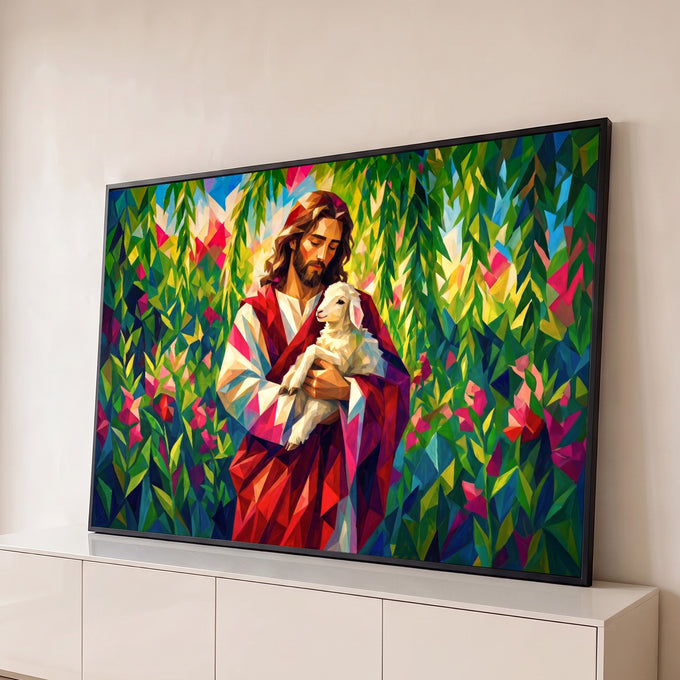 Quadro Decorativo Grande Jesus Cordeiro para Sala Vermelho | quadros decorativos para sala | Jesus de manto vermelho segurando cordeiro branco em fundo geométrico florido | Porao dos Quadros