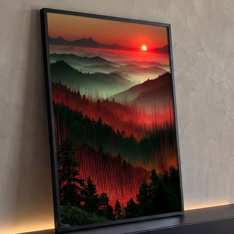 Sol vermelho se pondo sobre montanhas com neblina e pinheiros em efeito glitch, quadro decorativo