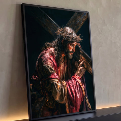 Jesus Cristo carregando a cruz com coroa de espinhos e manto vermelho em fundo escuro, quadro decorativo