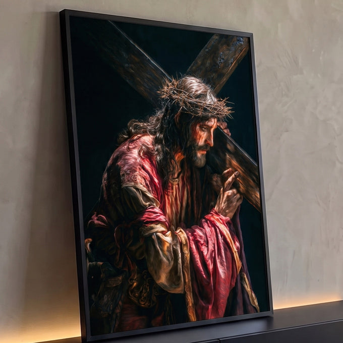 Quadro Decorativo Grande Jesus Cristo Cruz para Sala Preto | quadros decorativos para sala | Jesus Cristo carregando a cruz com coroa de espinhos sobre fundo preto | Porao dos Quadros