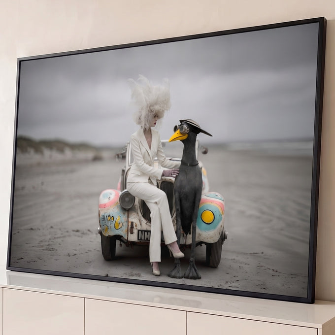 Quadro Decorativo Grande Mulher e Ave para Sala Branco | quadros decorativos para sala | mulher de terno branco ao lado de ave surreal de óculos sobre carro antigo na praia | Porao dos Quadros